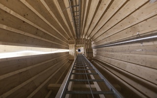 Inside the first wooden wind power turbine.